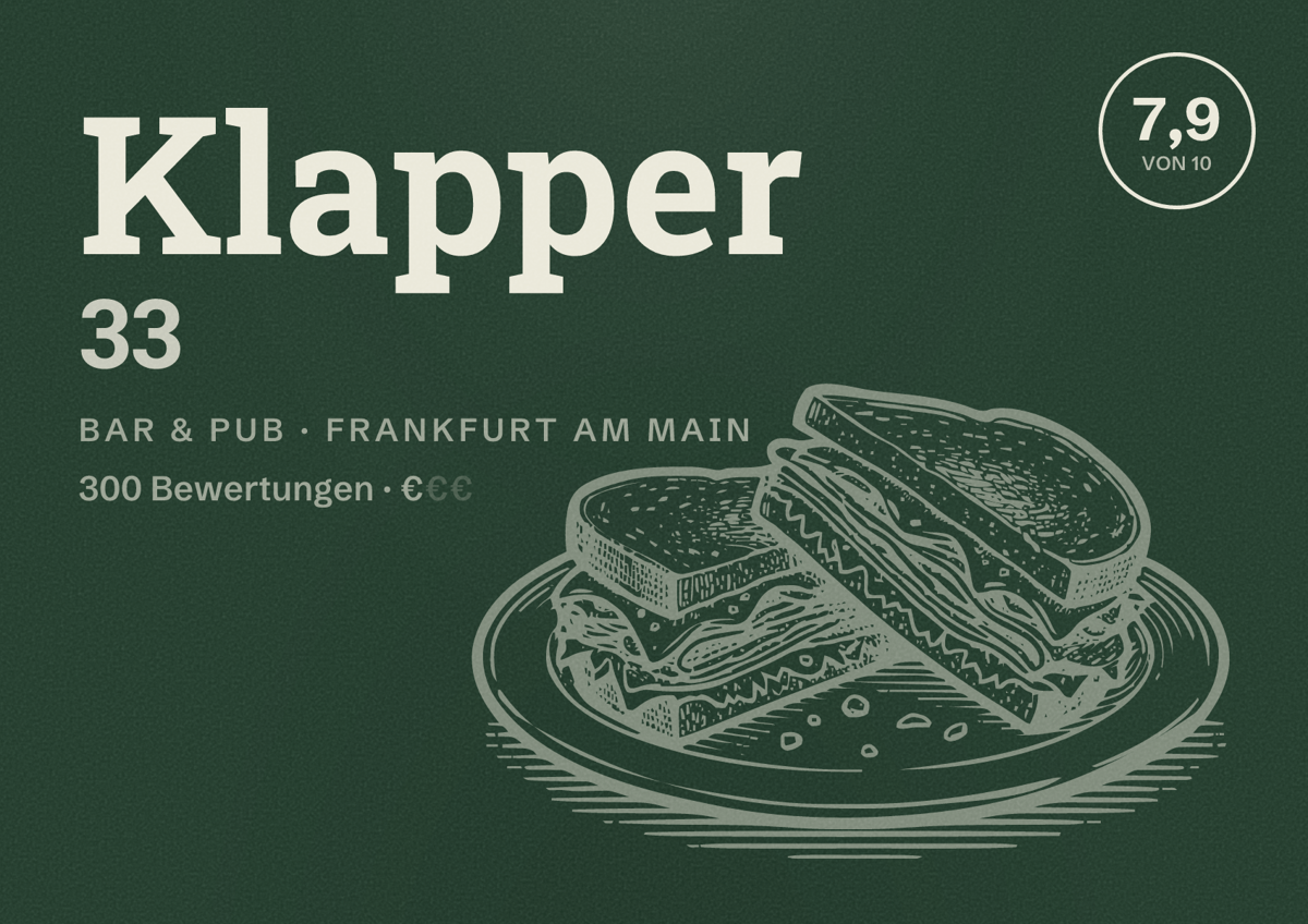 Illustriertes Poster von Klapper 33, Bar & Pub in Frankfurt am Main: Bewertung 7,9 von 10 aus 300 Bewertungen, Preisniveau €