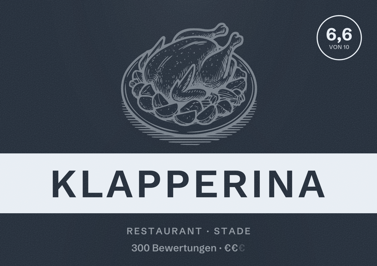 Illustriertes Poster von Klapperina, Restaurant in Stade: Bewertung 6,6 von 10 aus 300 Bewertungen, Preisniveau €€