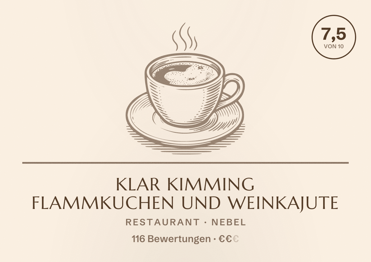 Illustriertes Poster von Klar Kimming Flammkuchen und Weinkajute, Restaurant in Nebel: Bewertung 7,5 von 10 aus 116 Bewertungen, Preisniveau €€