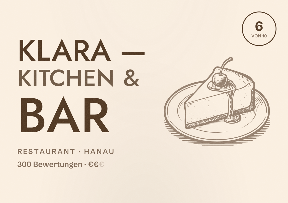 Illustriertes Poster von Klara — Kitchen & Bar, Restaurant in Hanau: Bewertung 6 von 10 aus 300 Bewertungen, Preisniveau €€