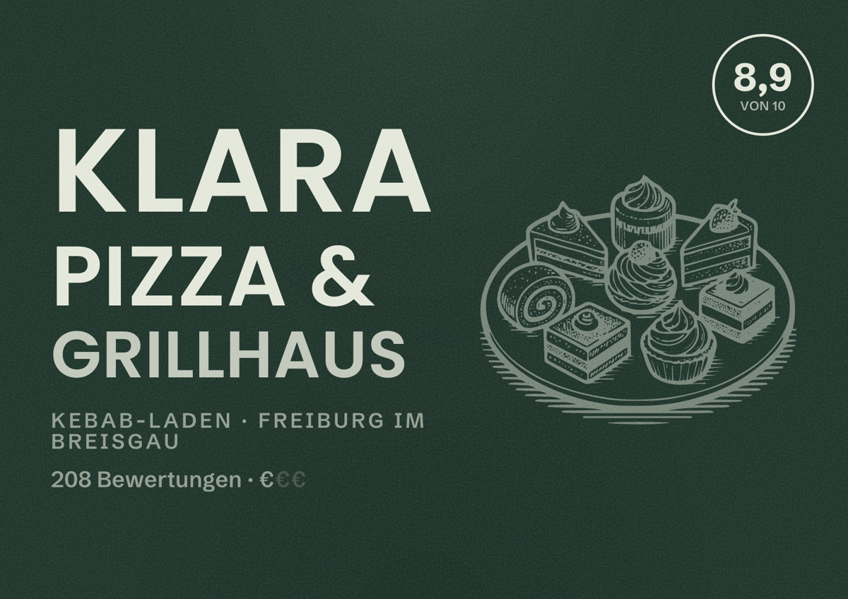 Illustriertes Poster von Klara Pizza & Grillhaus, Kebab-Laden in Freiburg im Breisgau: Bewertung 8,9 von 10 aus 208 Bewertungen, Preisniveau €