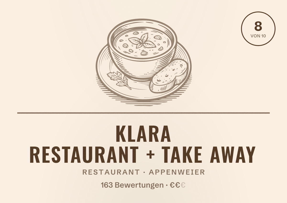 Illustriertes Poster von Klara restaurant + take away, Restaurant in Appenweier: Bewertung 8 von 10 aus 163 Bewertungen, Preisniveau €€