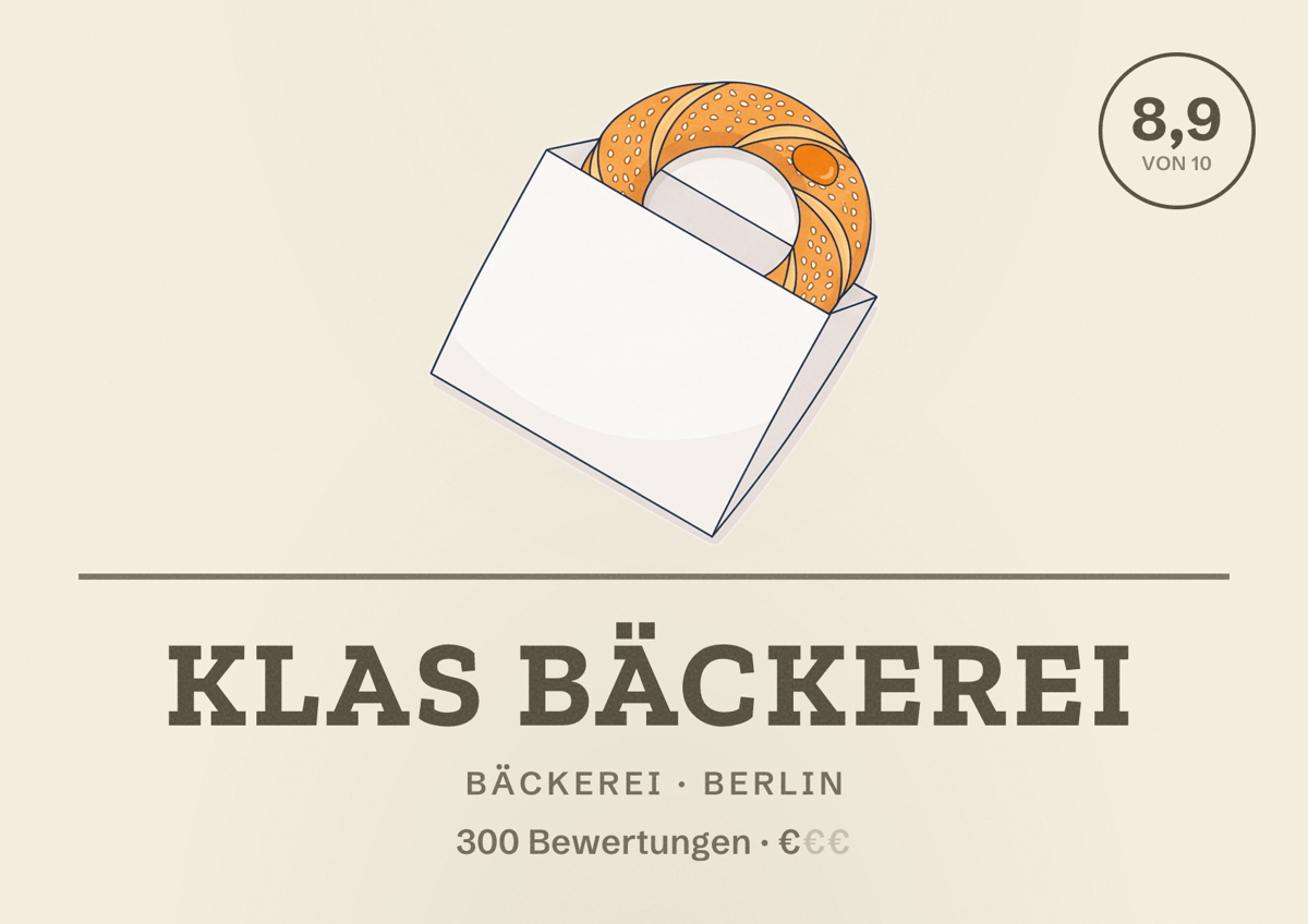 Illustriertes Poster von Klas Bäckerei, Bäckerei in Berlin: Bewertung 8,9 von 10 aus 300 Bewertungen, Preisniveau €