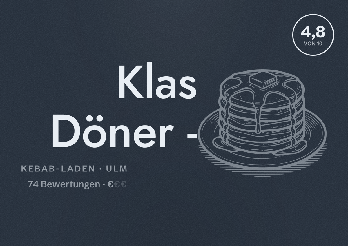Illustriertes Poster von Klas Döner -, Kebab-Laden in Ulm: Bewertung 4,8 von 10 aus 74 Bewertungen, Preisniveau €