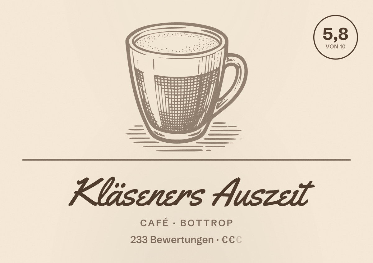 Illustriertes Poster von Kläseners Auszeit, Café in Bottrop: Bewertung 5,8 von 10 aus 233 Bewertungen, Preisniveau €€