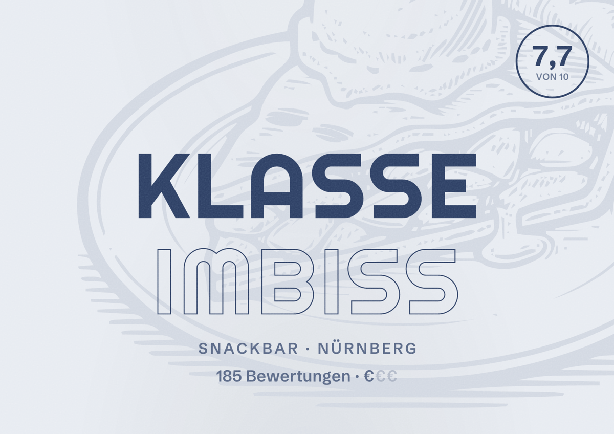 Illustriertes Poster von Klasse Imbiss, Snackbar in Nürnberg: Bewertung 7,7 von 10 aus 185 Bewertungen, Preisniveau €
