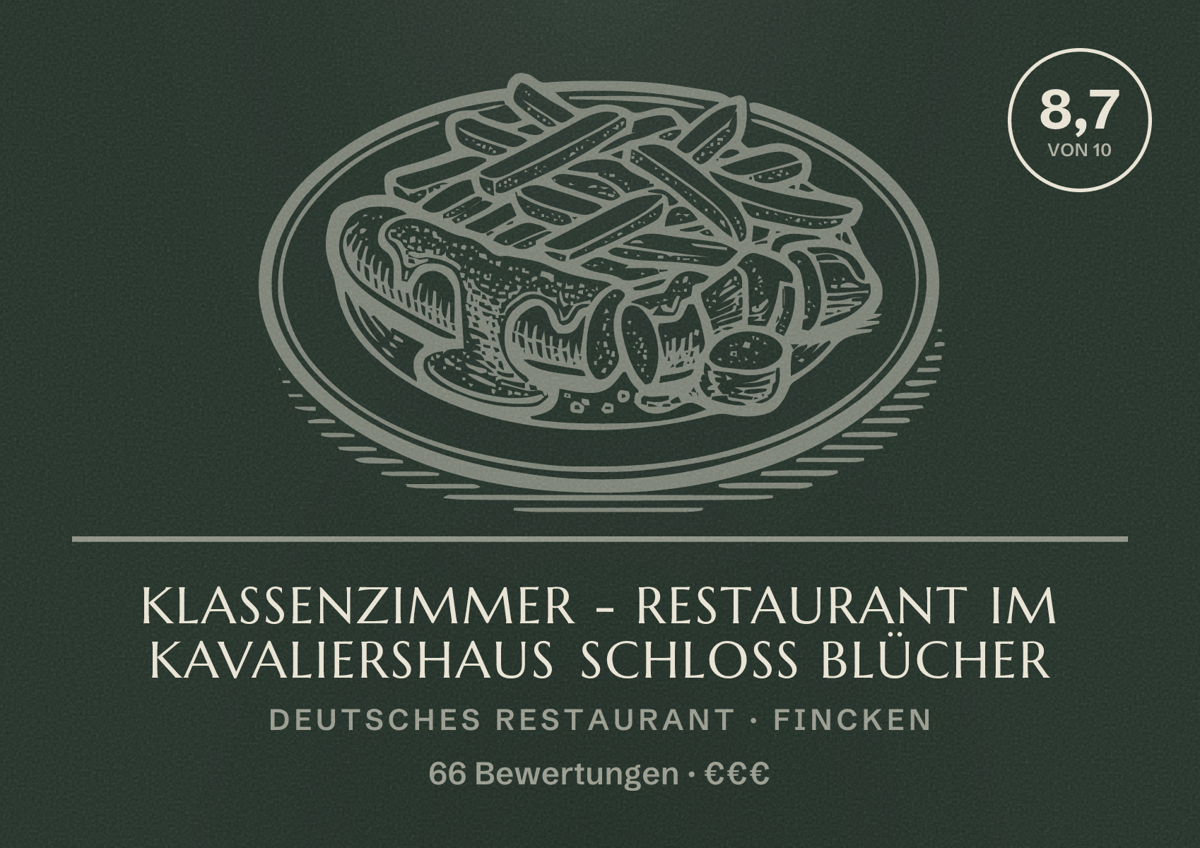 Illustriertes Poster von Klassenzimmer - Restaurant im Kavaliershaus Schloss Blücher, Deutsches Restaurant in Fincken: Bewertung 8,7 von 10 aus 66 Bewertungen, Preisniveau €€€