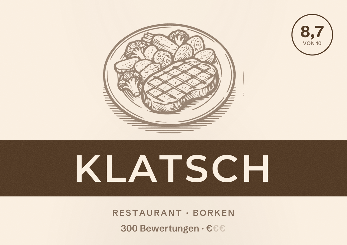 Illustriertes Poster von KLATSCH, Restaurant in Borken: Bewertung 8,7 von 10 aus 300 Bewertungen, Preisniveau €