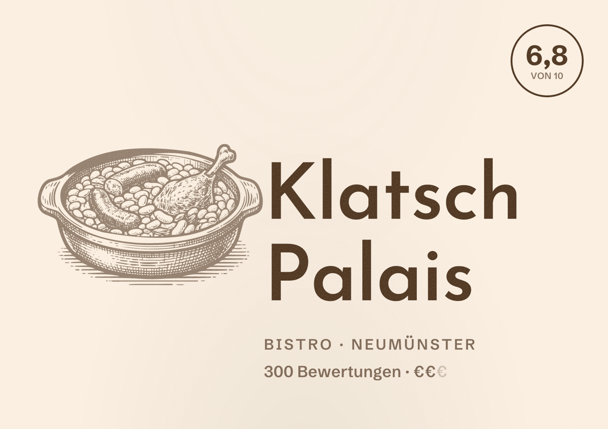 Illustriertes Poster von Klatsch Palais, Bistro in Neumünster: Bewertung 6,8 von 10 aus 300 Bewertungen, Preisniveau €€