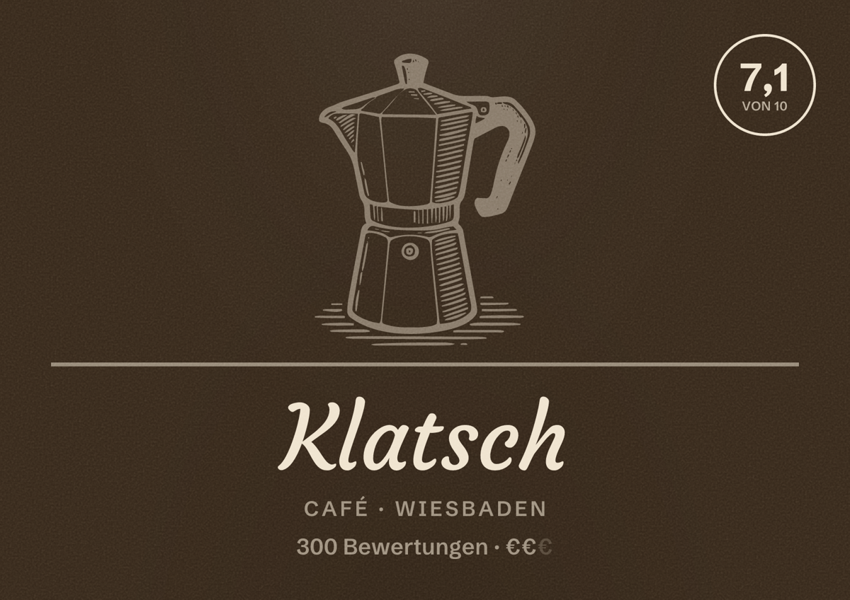 Illustriertes Poster von Klatsch, Café in Wiesbaden: Bewertung 7,1 von 10 aus 300 Bewertungen, Preisniveau €€