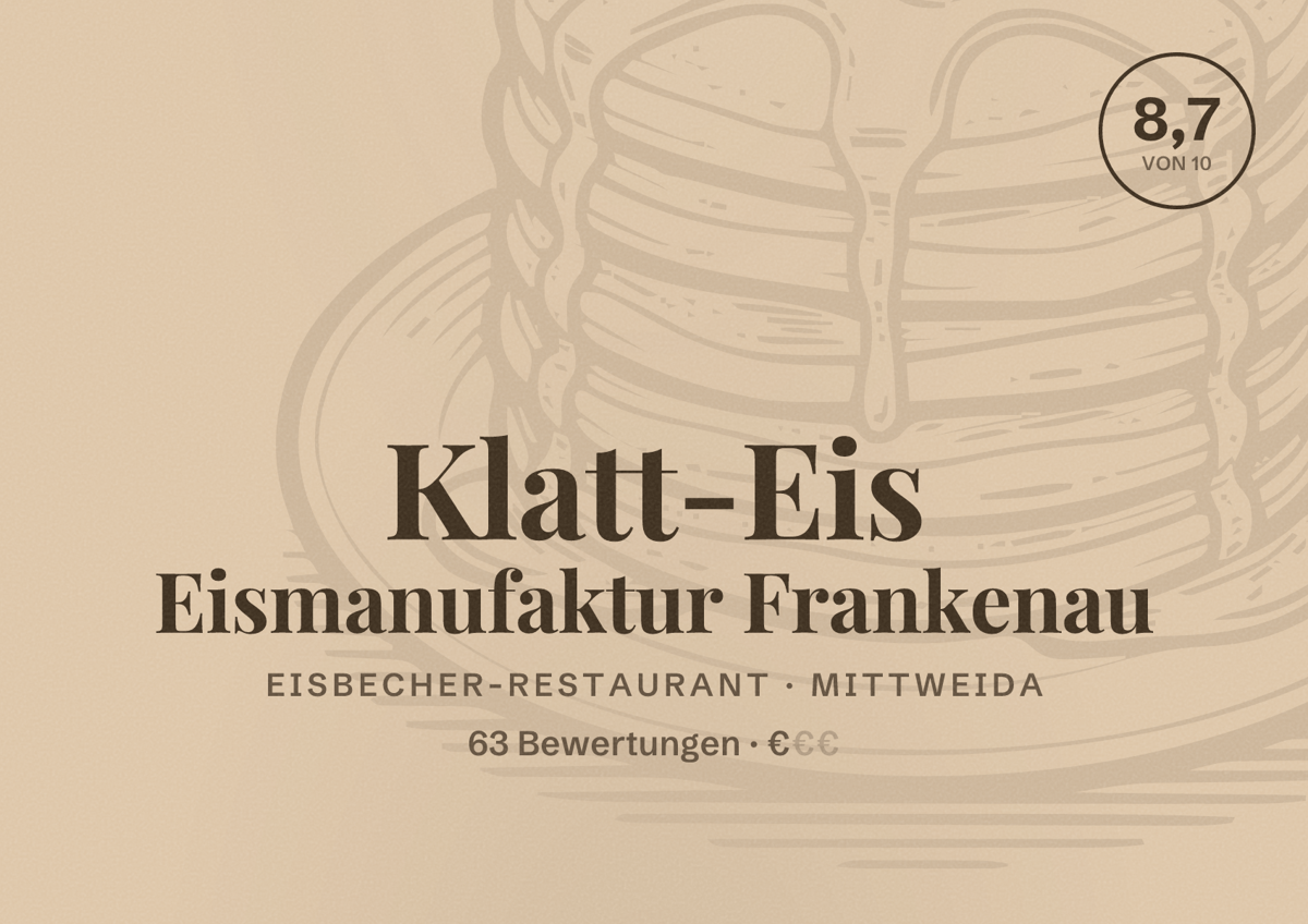 Illustriertes Poster von Klatt-Eis Eismanufaktur Frankenau, Eisbecher-Restaurant in Mittweida: Bewertung 8,7 von 10 aus 63 Bewertungen, Preisniveau €