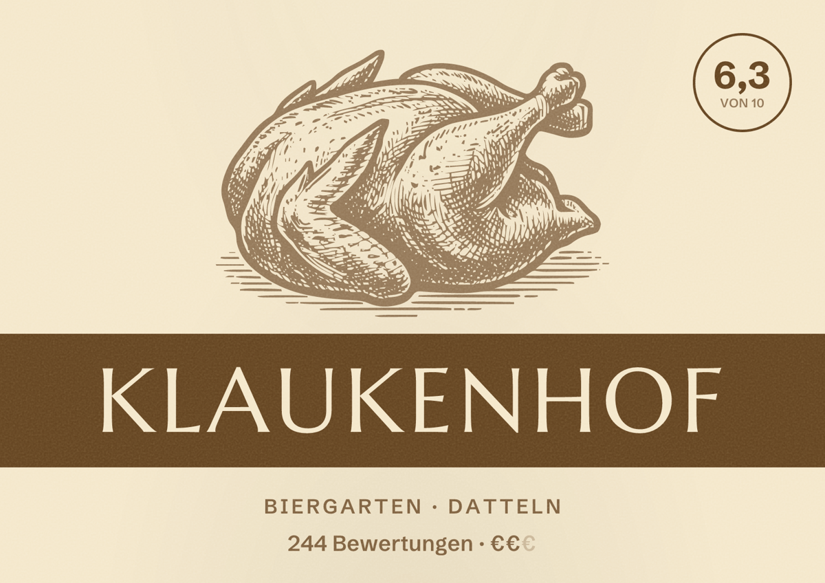 Illustriertes Poster von Klaukenhof, Biergarten in Datteln: Bewertung 6,3 von 10 aus 244 Bewertungen, Preisniveau €€