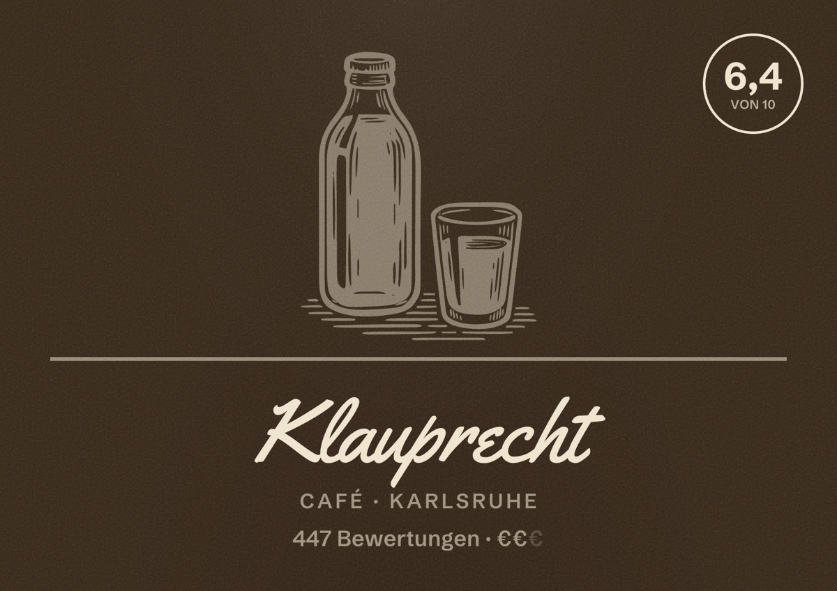 Illustriertes Poster von Klauprecht, Café in Karlsruhe: Bewertung 6,4 von 10 aus 447 Bewertungen, Preisniveau €€