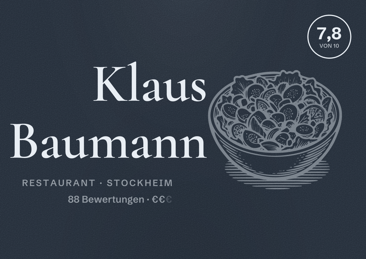 Illustriertes Poster von Klaus Baumann, Restaurant in Stockheim: Bewertung 7,8 von 10 aus 88 Bewertungen, Preisniveau €€