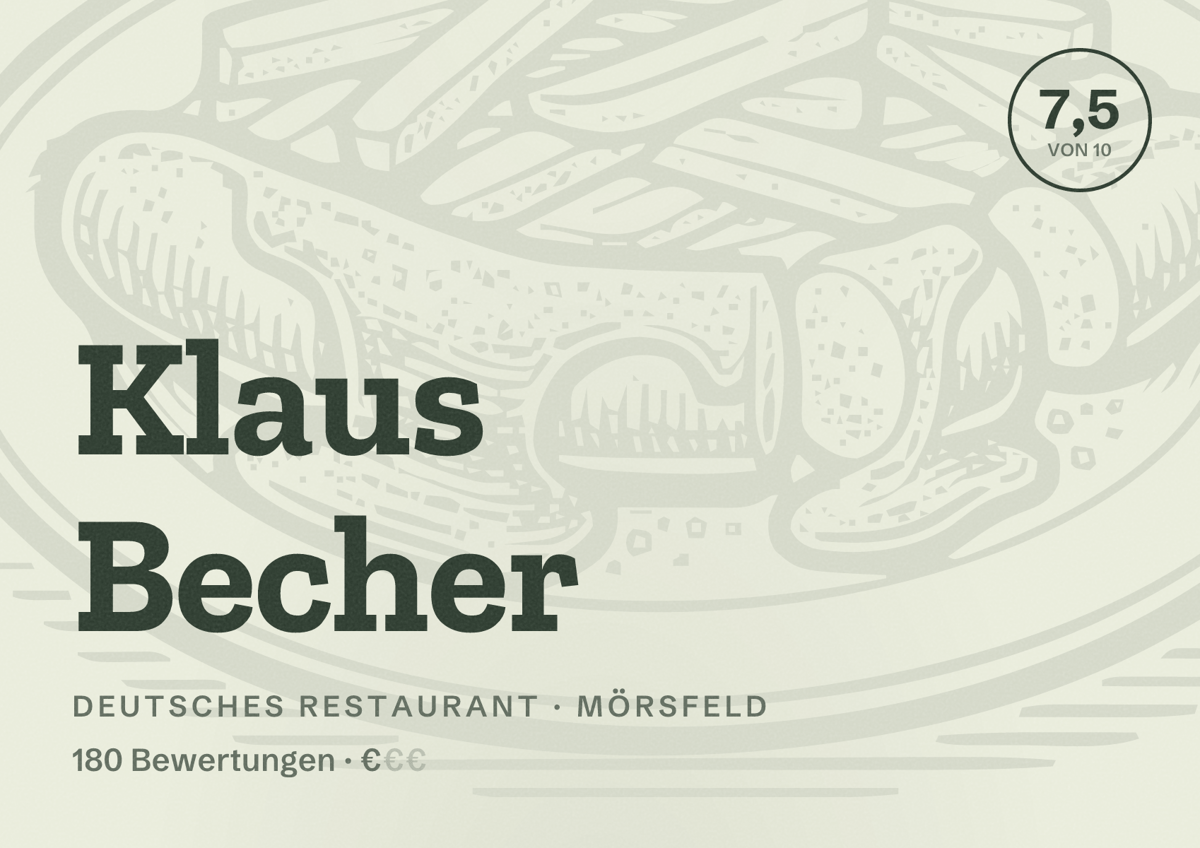 Illustriertes Poster von Klaus Becher, Deutsches Restaurant in Mörsfeld: Bewertung 7,5 von 10 aus 180 Bewertungen, Preisniveau €