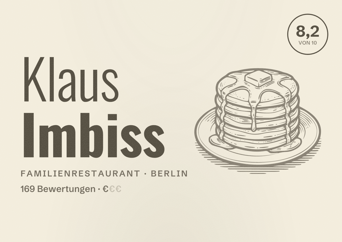 Illustriertes Poster von Klaus Imbiss, Familienrestaurant in Berlin: Bewertung 8,2 von 10 aus 169 Bewertungen, Preisniveau €