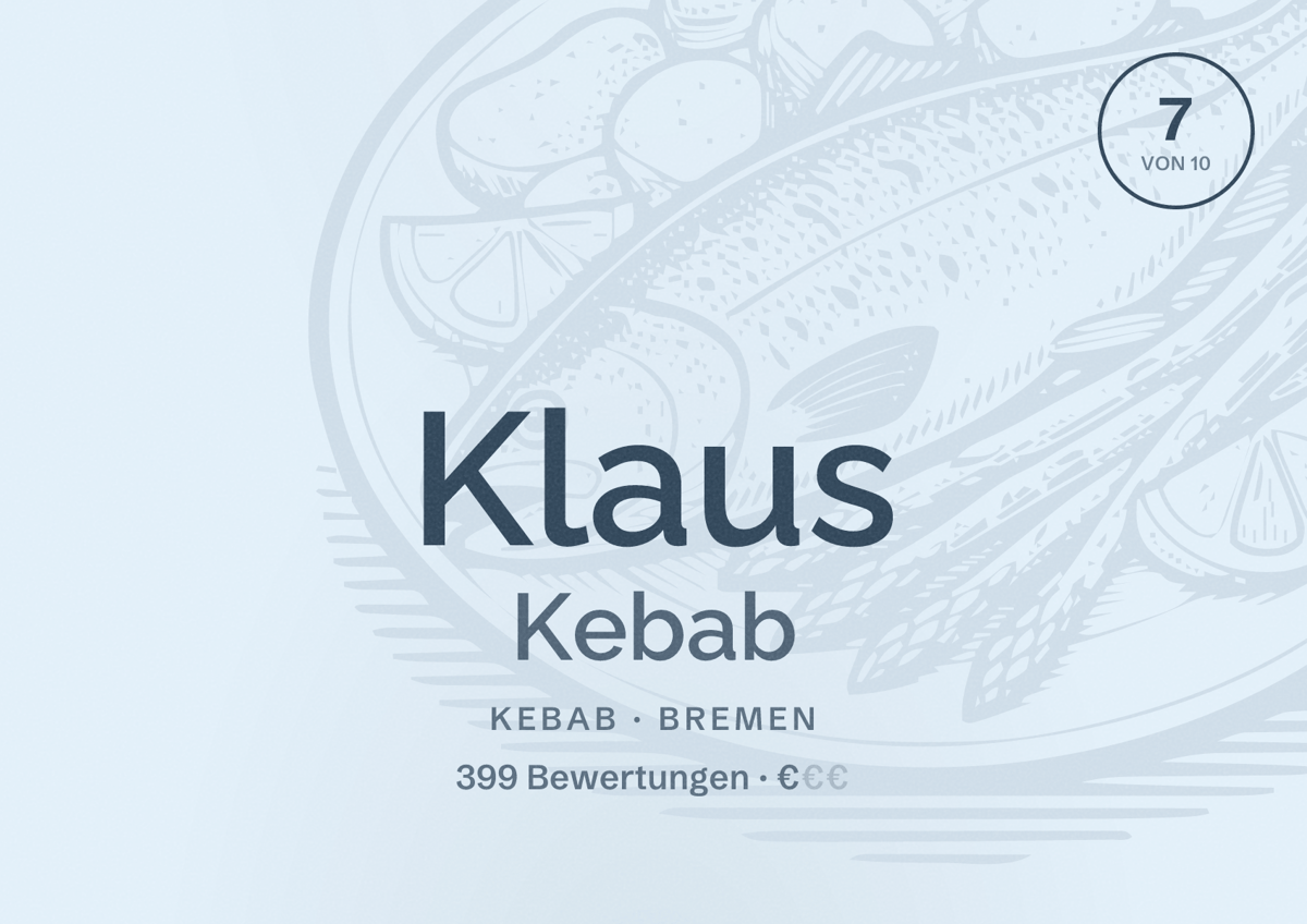 Illustriertes Poster von Klaus Kebab, Kebab in Bremen: Bewertung 7 von 10 aus 399 Bewertungen, Preisniveau €