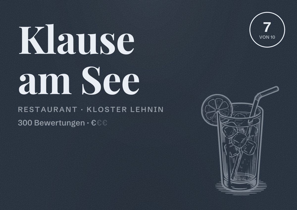 Illustriertes Poster von Klause am See, Restaurant in Kloster Lehnin: Bewertung 7 von 10 aus 300 Bewertungen, Preisniveau €