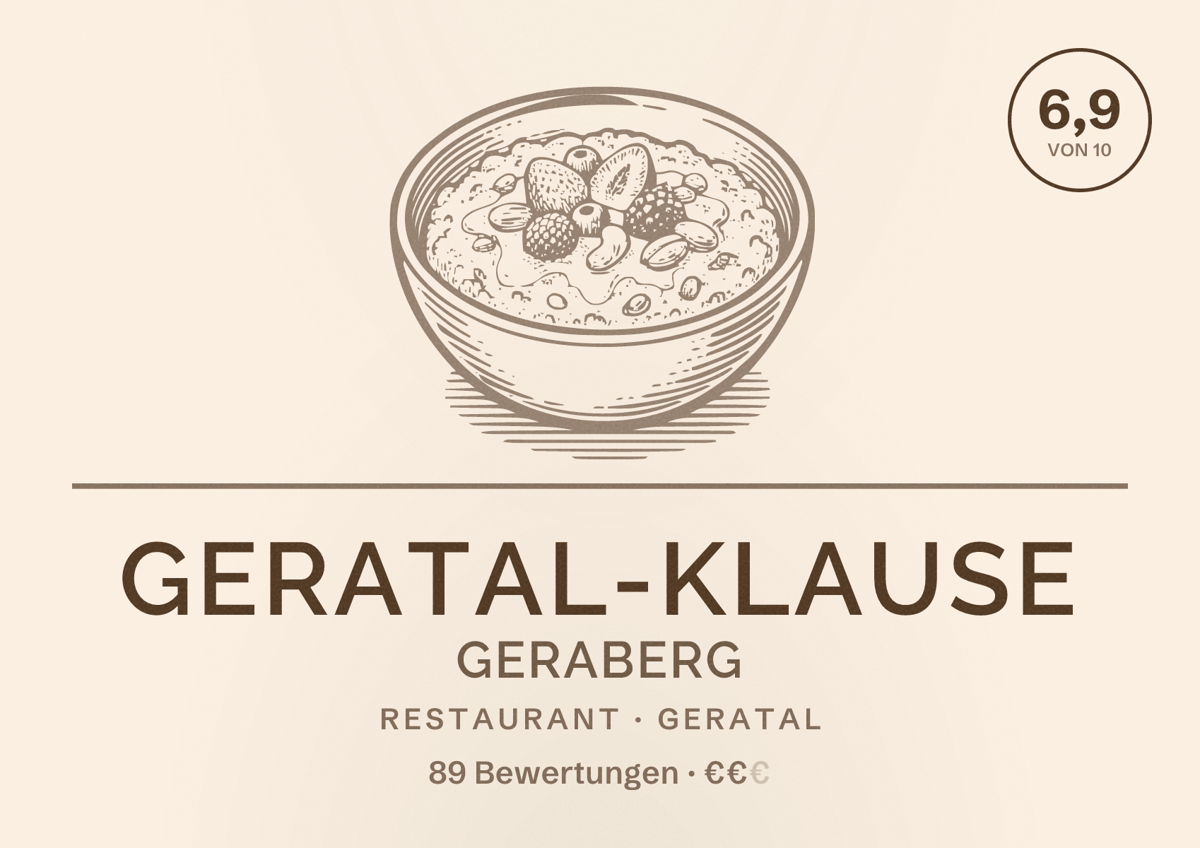 Illustriertes Poster von Geratal-Klause Geraberg, Restaurant in Geratal: Bewertung 6,9 von 10 aus 89 Bewertungen, Preisniveau €€