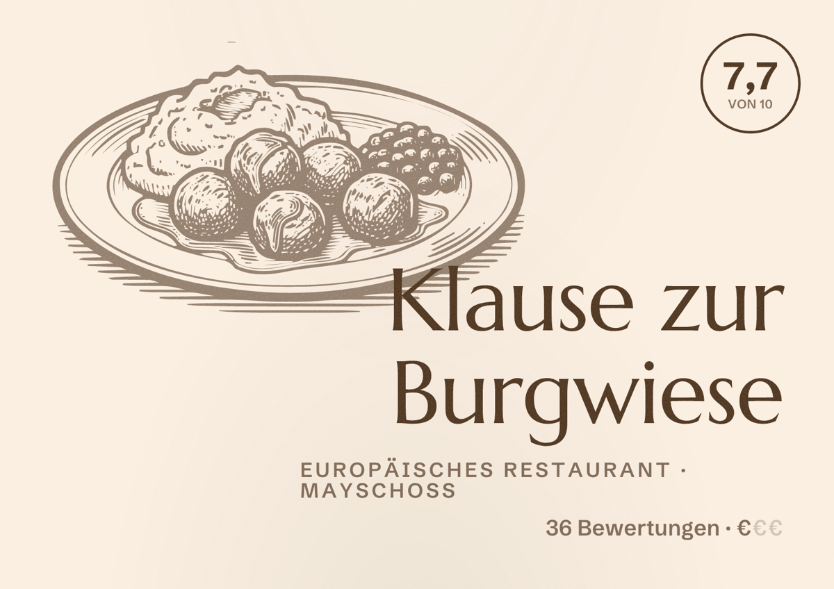 Illustriertes Poster von Klause zur Burgwiese, Europäisches Restaurant in Mayschoß: Bewertung 7,7 von 10 aus 36 Bewertungen, Preisniveau €