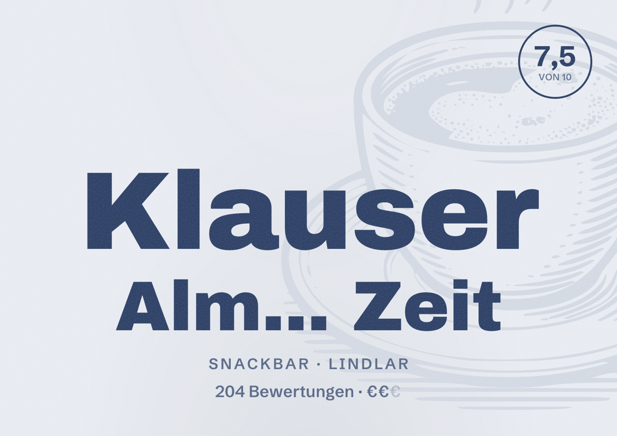 Illustriertes Poster von Klauser Alm... Zeit, Snackbar in Lindlar: Bewertung 7,5 von 10 aus 204 Bewertungen, Preisniveau €€