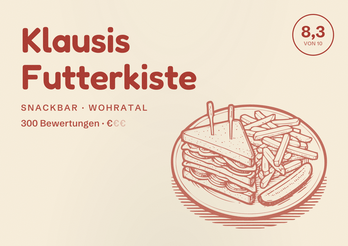 Illustriertes Poster von Klausis Futterkiste, Snackbar in Wohratal: Bewertung 8,3 von 10 aus 300 Bewertungen, Preisniveau €