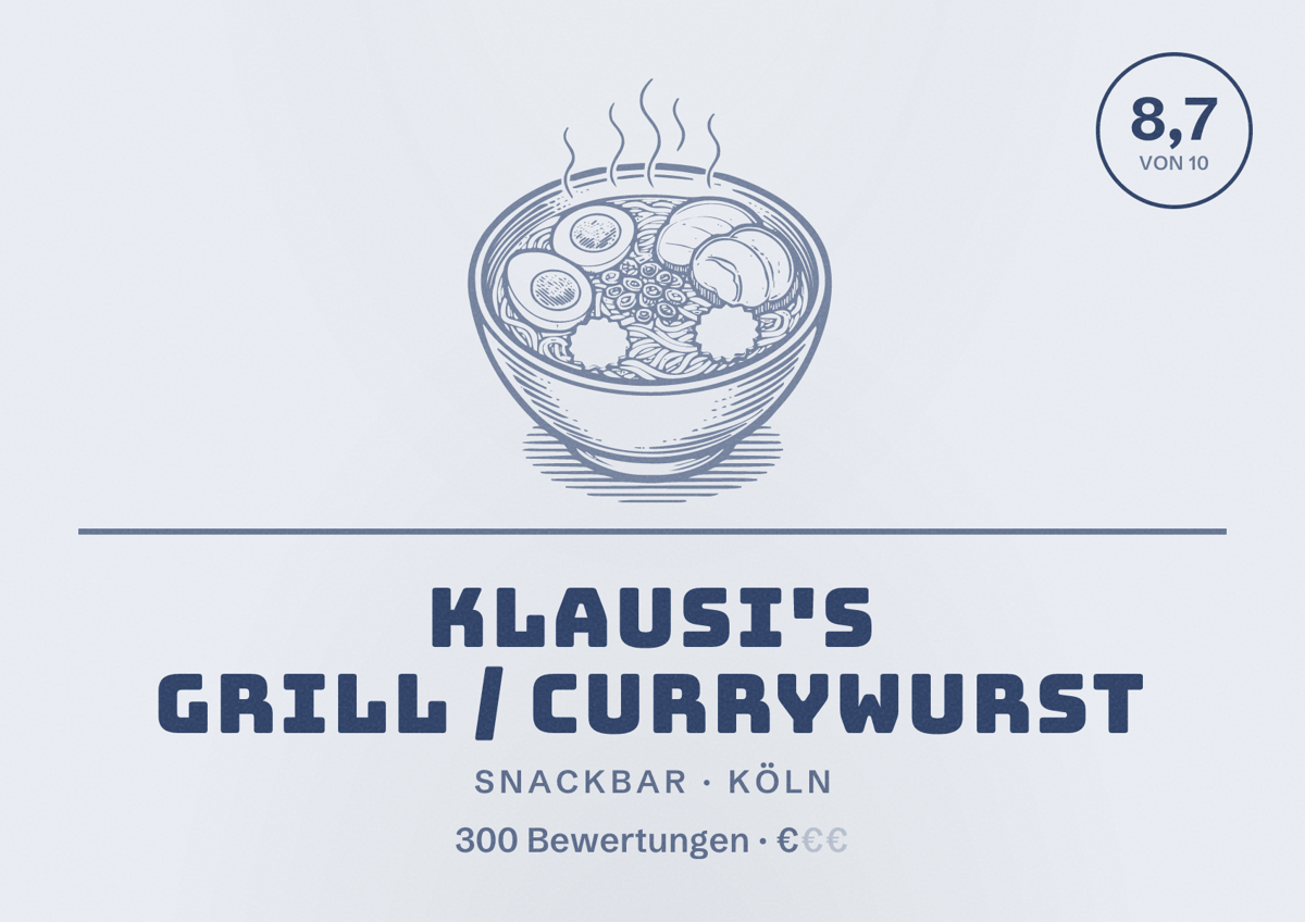 Illustriertes Poster von Klausi's Grill / Currywurst, Snackbar in Köln: Bewertung 8,7 von 10 aus 300 Bewertungen, Preisniveau €
