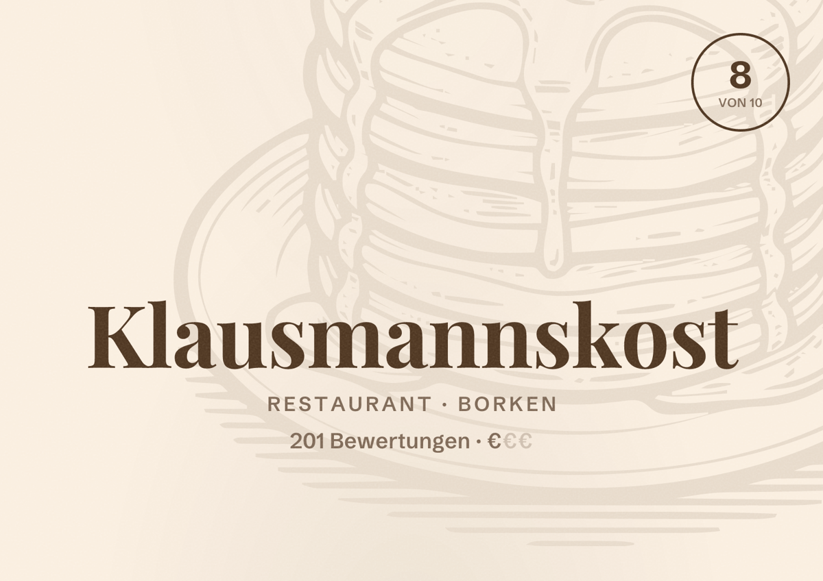 Illustriertes Poster von Klausmannskost, Restaurant in Borken: Bewertung 8 von 10 aus 201 Bewertungen, Preisniveau €