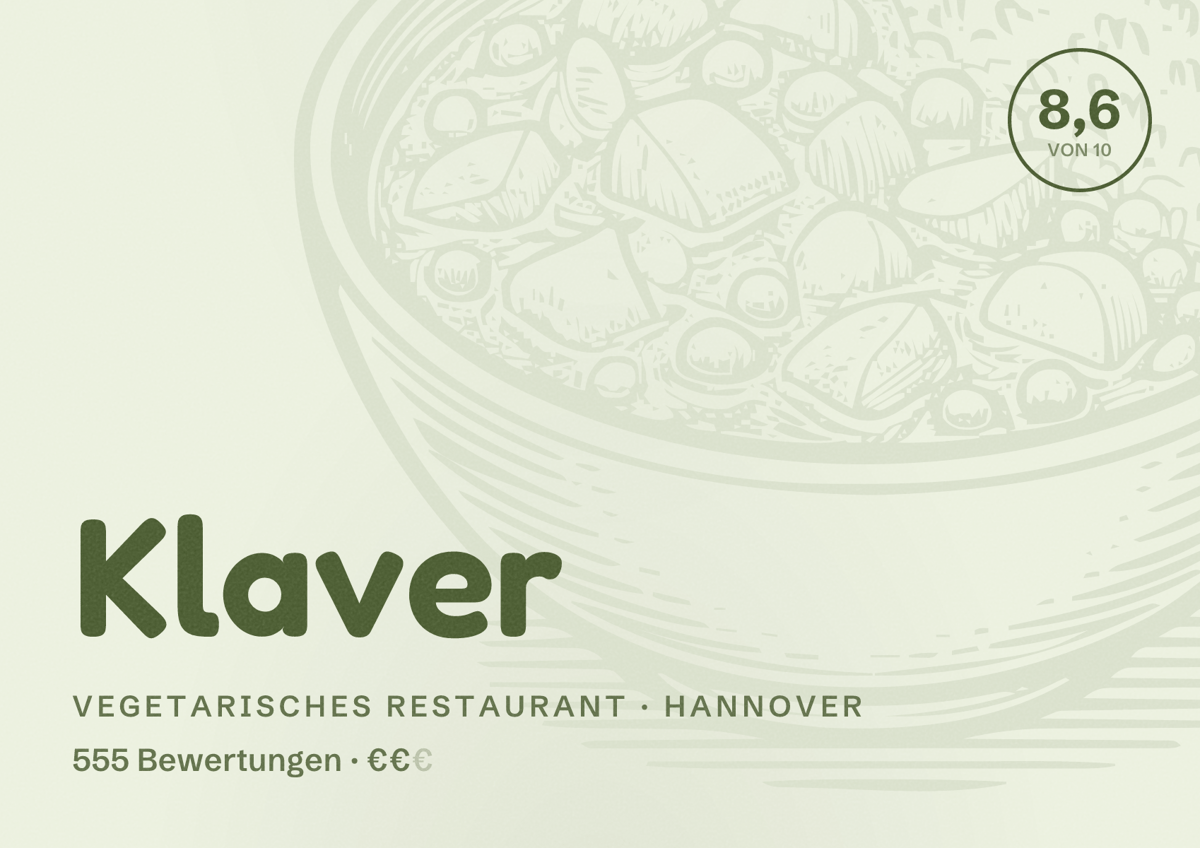 Illustriertes Poster von Klaver, Vegetarisches Restaurant in Hannover: Bewertung 8,6 von 10 aus 555 Bewertungen, Preisniveau €€