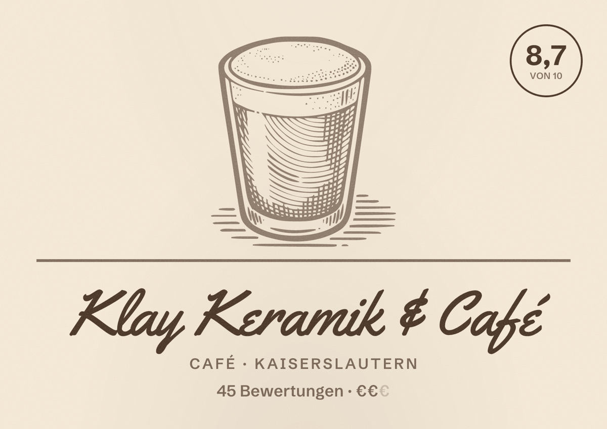 Illustriertes Poster von Klay Keramik & Café, Café in Kaiserslautern: Bewertung 8,7 von 10 aus 45 Bewertungen, Preisniveau €€