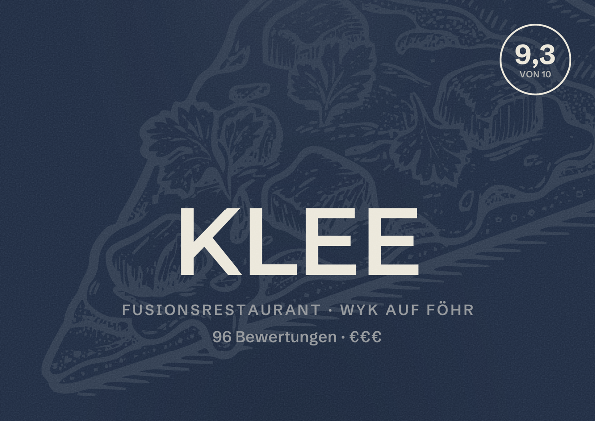 Illustriertes Poster von KLEE, Fusionsrestaurant in Wyk auf Föhr: Bewertung 9,3 von 10 aus 96 Bewertungen, Preisniveau €€€