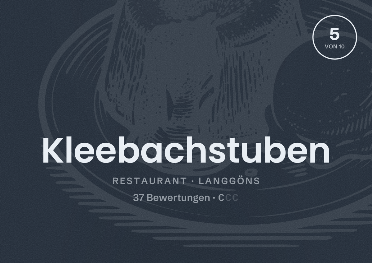 Illustriertes Poster von Kleebachstuben, Restaurant in Langgöns: Bewertung 5 von 10 aus 37 Bewertungen, Preisniveau €