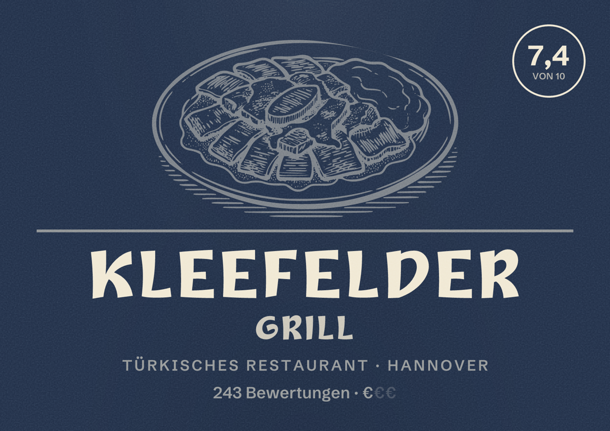 Illustriertes Poster von Kleefelder Grill, Türkisches Restaurant in Hannover: Bewertung 7,4 von 10 aus 243 Bewertungen, Preisniveau €