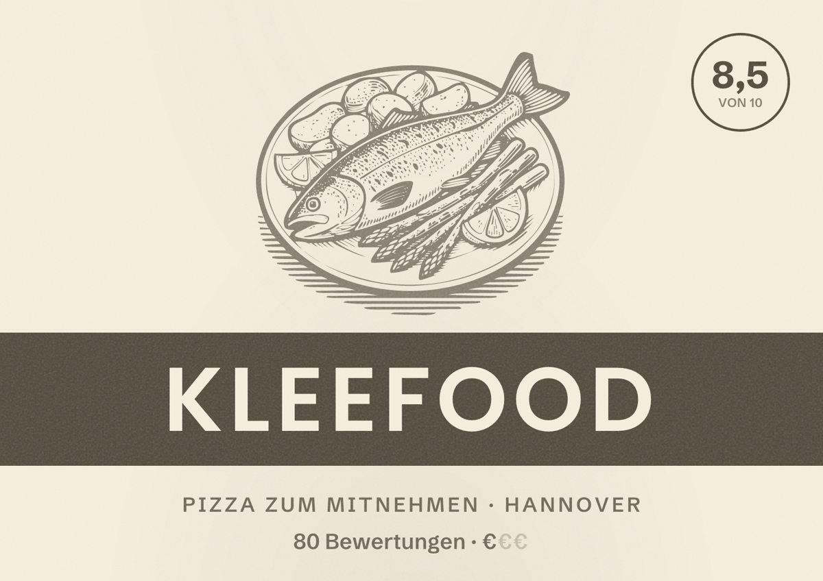 Illustriertes Poster von KleeFood, Pizza zum Mitnehmen in Hannover: Bewertung 8,5 von 10 aus 80 Bewertungen, Preisniveau €