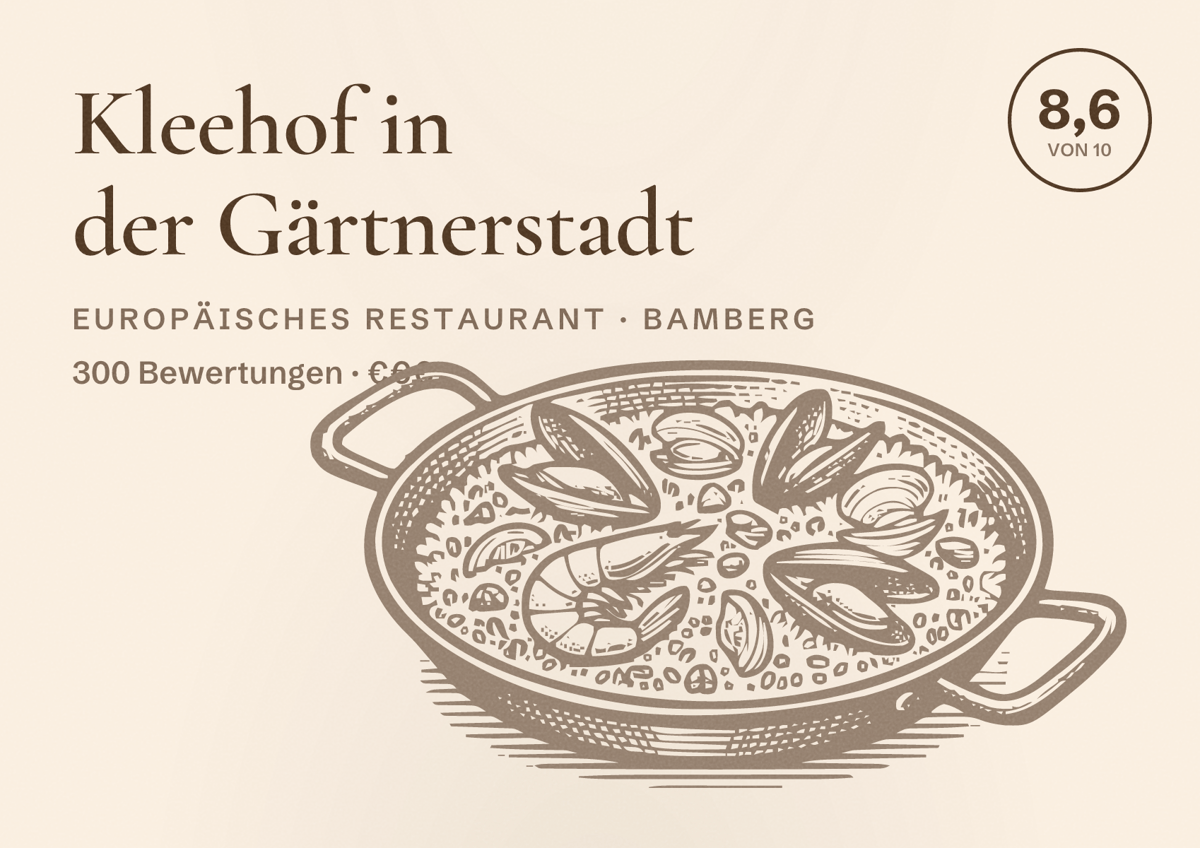 Illustriertes Poster von Kleehof in der Gärtnerstadt, Europäisches Restaurant in Bamberg: Bewertung 8,6 von 10 aus 300 Bewertungen, Preisniveau €€€