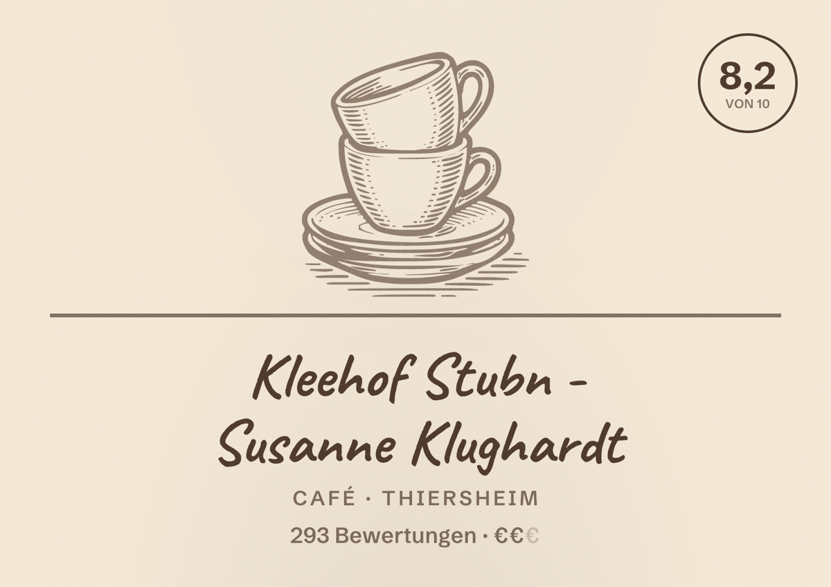 Illustriertes Poster von Kleehof Stubn - Susanne Klughardt, Café in Thiersheim: Bewertung 8,2 von 10 aus 293 Bewertungen, Preisniveau €€