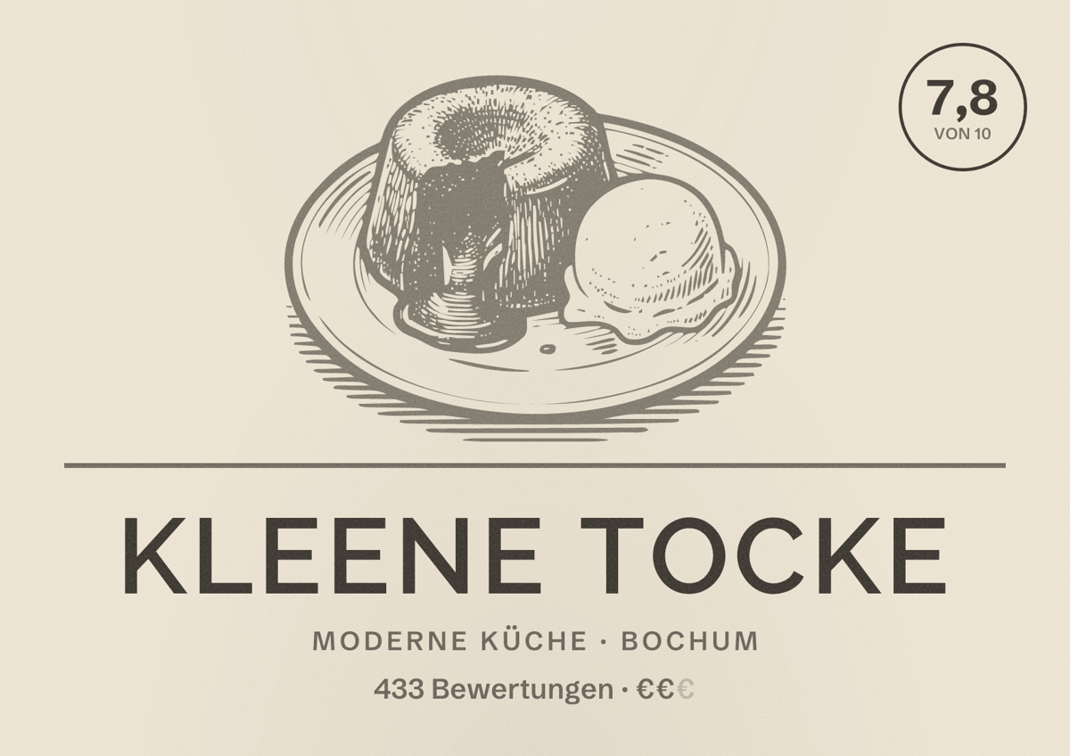 Illustriertes Poster von kleene TOCKE, Moderne Küche in Bochum: Bewertung 7,8 von 10 aus 433 Bewertungen, Preisniveau €€