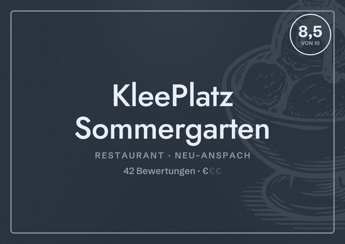 Illustriertes Poster von KleePlatz Sommergarten, Restaurant in Neu-Anspach: Bewertung 8,5 von 10 aus 42 Bewertungen, Preisniveau €