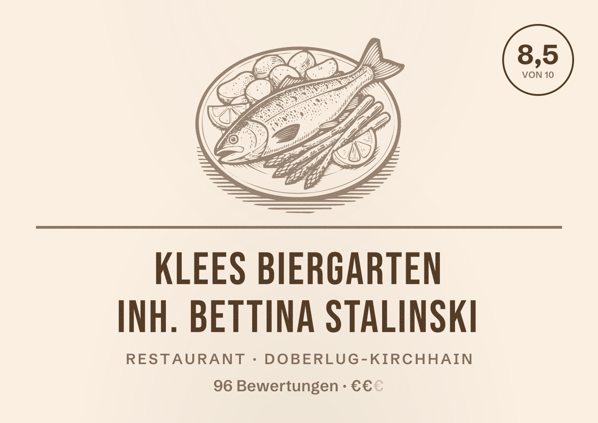 Illustriertes Poster von Klees Biergarten Inh. Bettina Stalinski, Restaurant in Doberlug-Kirchhain: Bewertung 8,5 von 10 aus 96 Bewertungen, Preisniveau €€