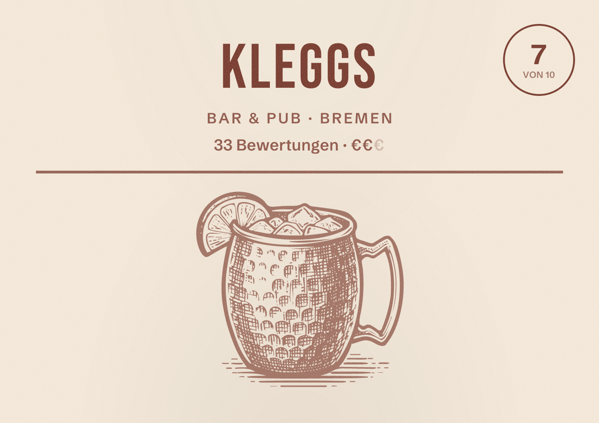 Illustriertes Poster von Kleggs, Bar & Pub in Bremen: Bewertung 7 von 10 aus 33 Bewertungen, Preisniveau €€