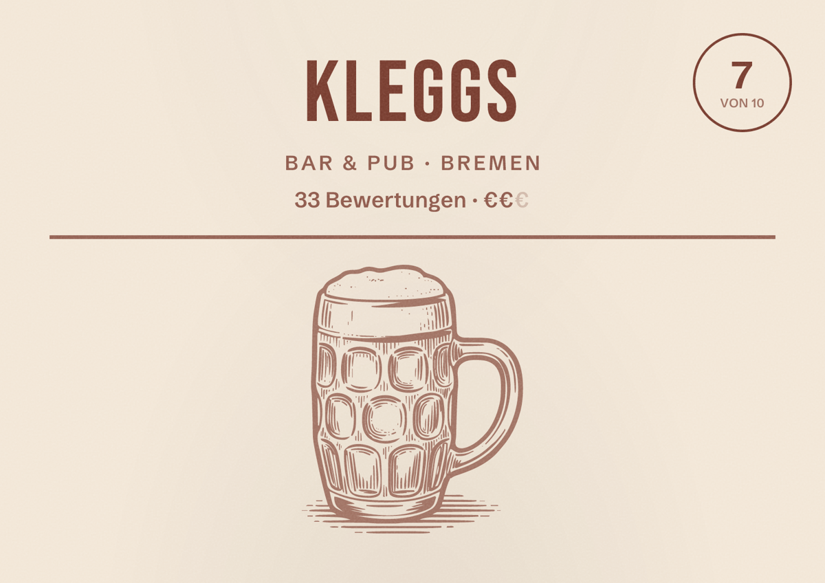 Illustriertes Poster von Kleggs, Bar & Pub in Bremen: Bewertung 7 von 10 aus 33 Bewertungen, Preisniveau €€