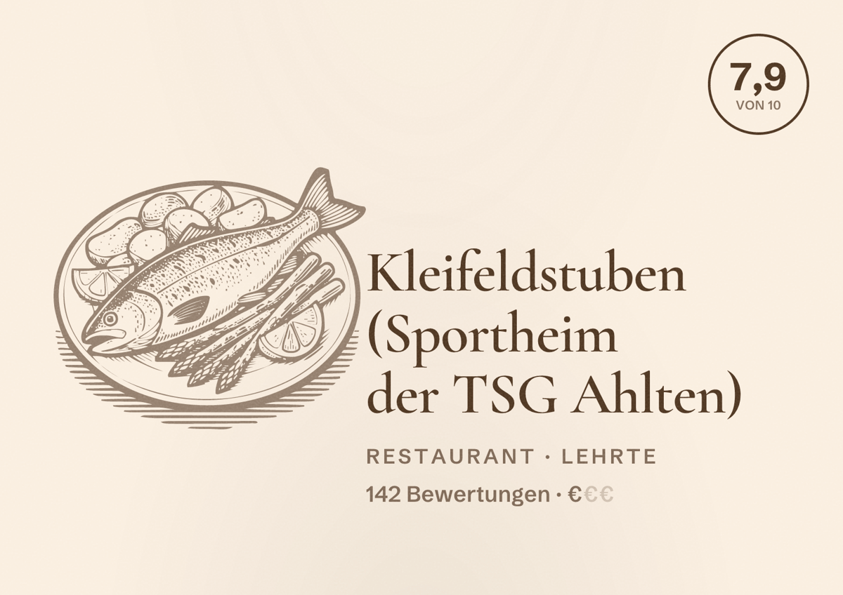 Illustriertes Poster von Kleifeldstuben (Sportheim der TSG Ahlten), Restaurant in Lehrte: Bewertung 7,9 von 10 aus 142 Bewertungen, Preisniveau €