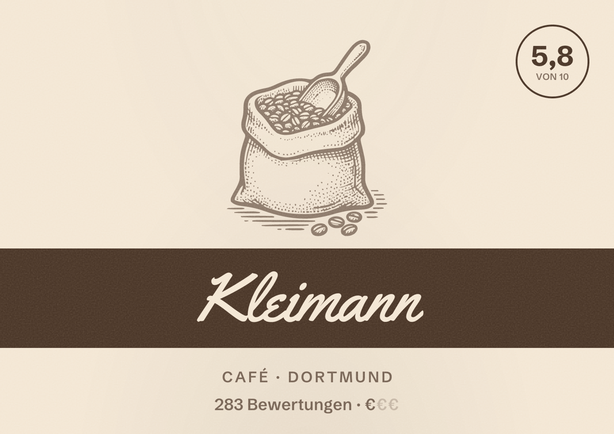Illustriertes Poster von Kleimann, Café in Dortmund: Bewertung 5,8 von 10 aus 283 Bewertungen, Preisniveau €
