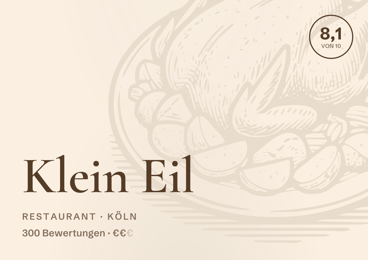 Illustriertes Poster von Klein Eil, Restaurant in Köln: Bewertung 8,1 von 10 aus 300 Bewertungen, Preisniveau €€