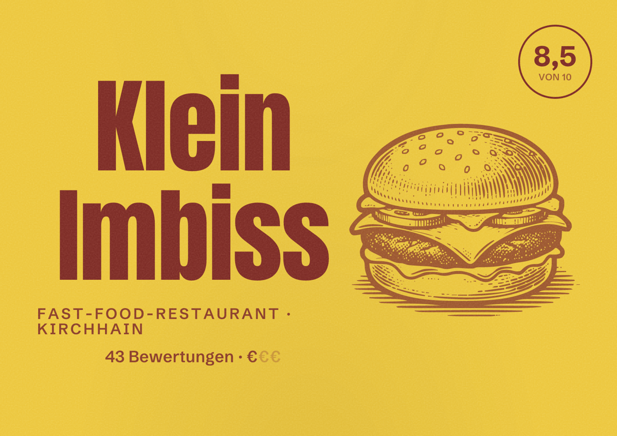 Illustriertes Poster von Klein Imbiss, Fast-Food-Restaurant in Kirchhain: Bewertung 8,5 von 10 aus 43 Bewertungen, Preisniveau €