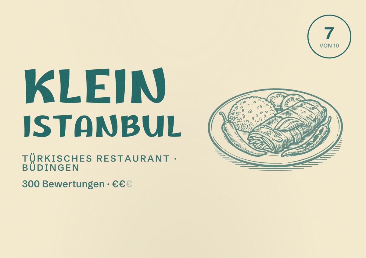 Illustriertes Poster von Klein Istanbul, Türkisches Restaurant in Büdingen: Bewertung 7 von 10 aus 300 Bewertungen, Preisniveau €€
