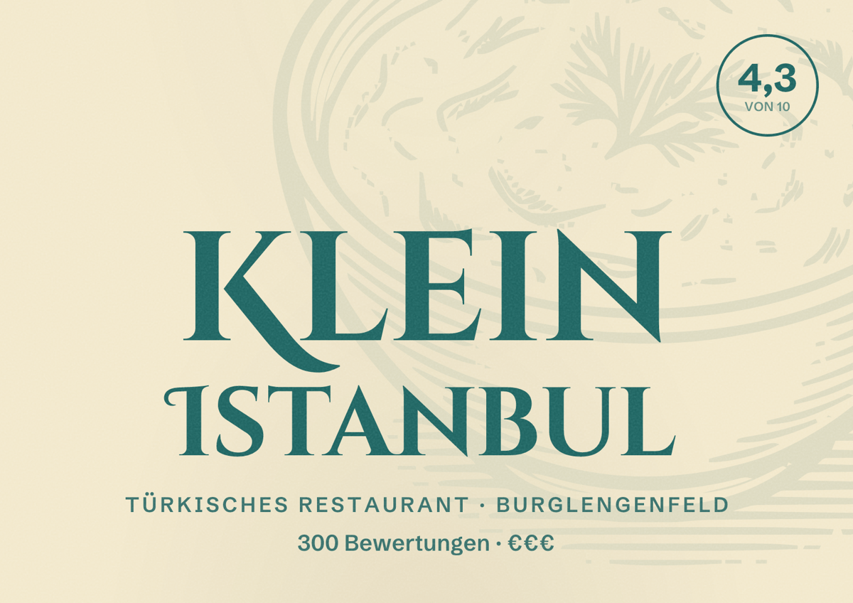 Illustriertes Poster von Klein Istanbul, Türkisches Restaurant in Burglengenfeld: Bewertung 4,3 von 10 aus 300 Bewertungen, Preisniveau €€€