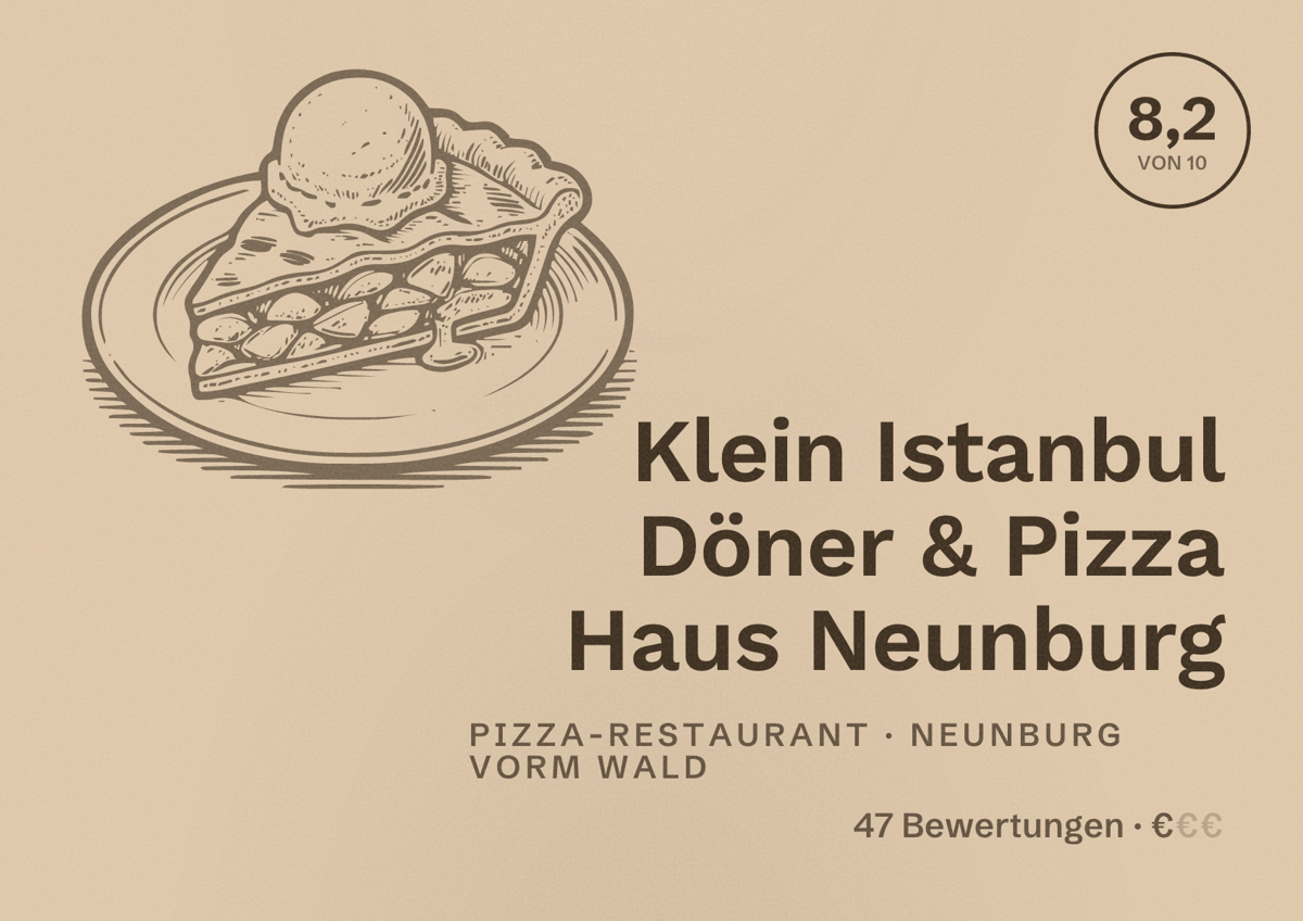 Illustriertes Poster von Klein Istanbul Döner & Pizza Haus Neunburg, Pizza-Restaurant in Neunburg vorm Wald: Bewertung 8,2 von 10 aus 47 Bewertungen, Preisniveau €
