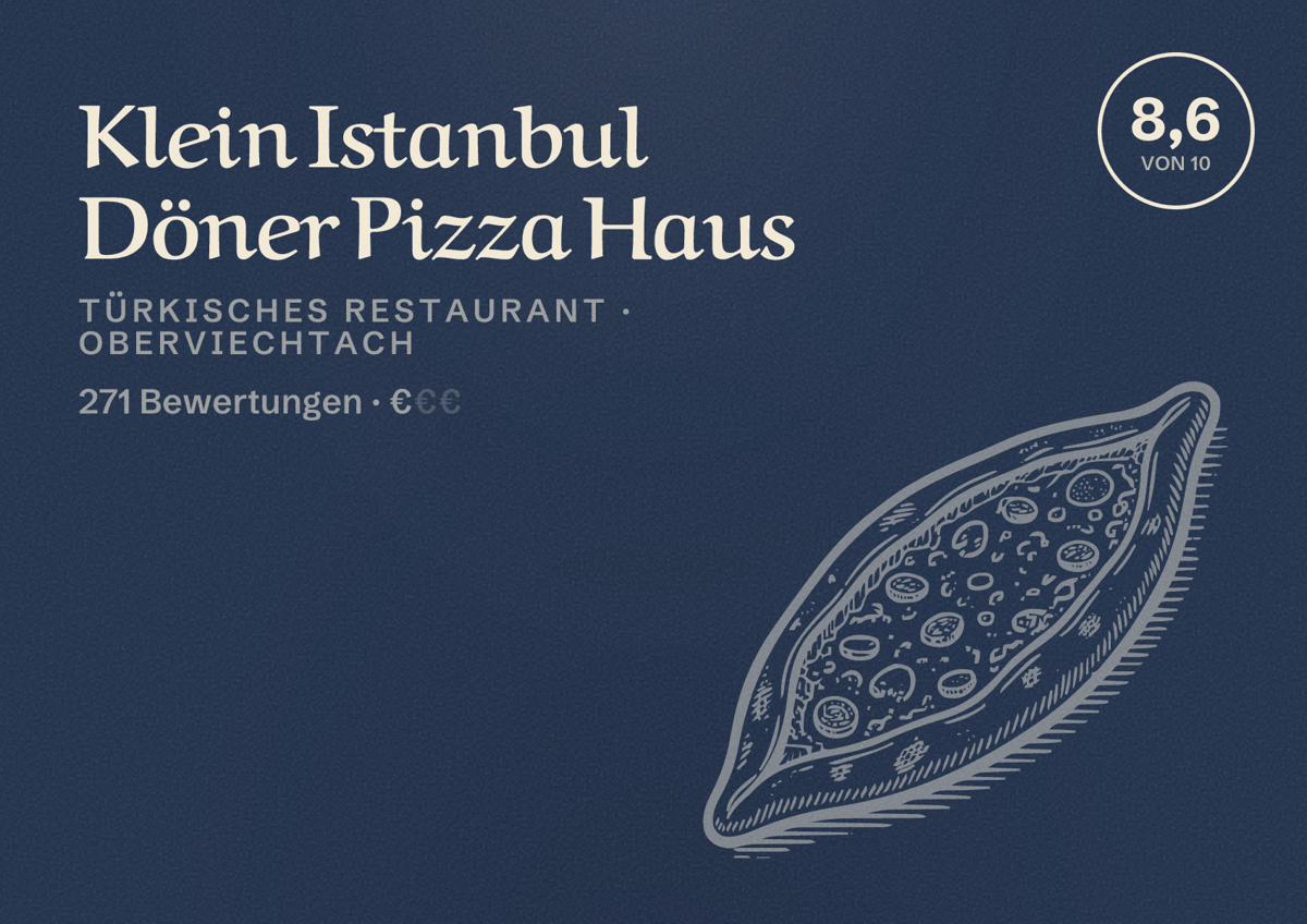 Illustriertes Poster von Klein Istanbul Döner Pizza Haus, Türkisches Restaurant in Oberviechtach: Bewertung 8,6 von 10 aus 271 Bewertungen, Preisniveau €