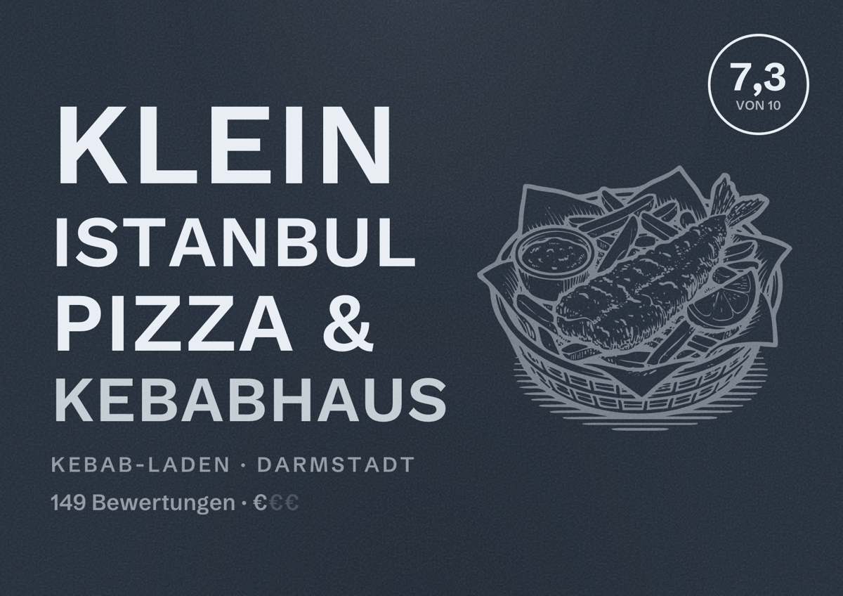 Illustriertes Poster von Klein Istanbul Pizza & Kebabhaus, Kebab-Laden in Darmstadt: Bewertung 7,3 von 10 aus 149 Bewertungen, Preisniveau €